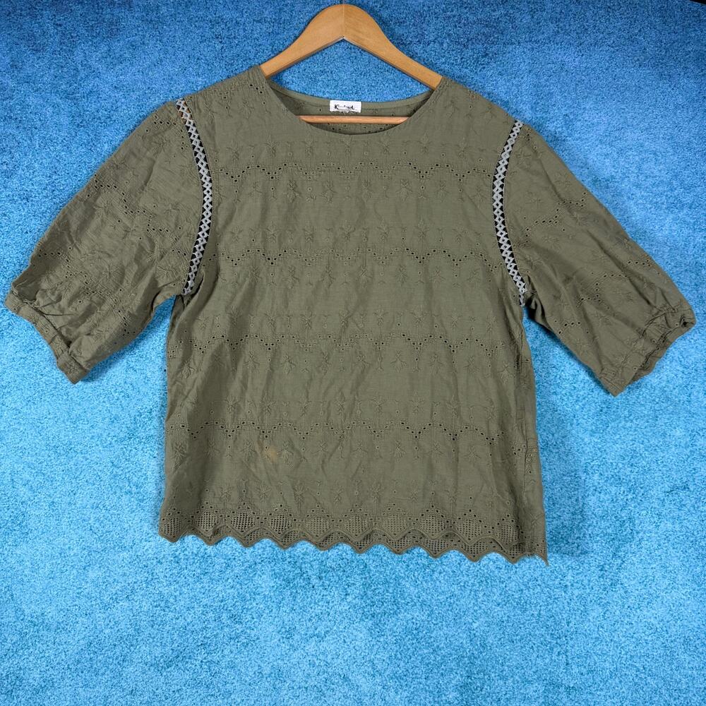 Kindred Womens Green Eyelet Blouse Size L Boho Cottagecore Short Sleeve Top